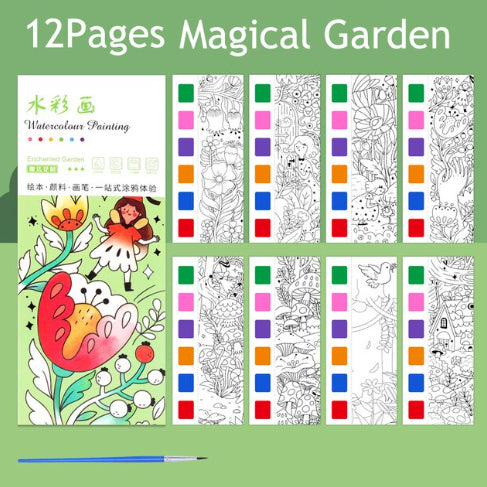 12Sheets Painting Coloring Book Set with Paintbrush Water Color Painting