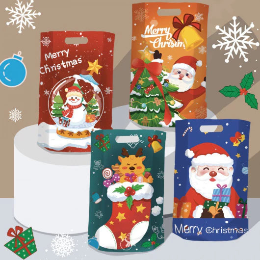(10pcs/pack) Christmas Candy Hand Held Party Gift Loot Bags Printed Handle Candy Bag