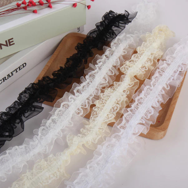 4cm/5yards double-layer ribbon pleated lace elastic hair children's headdress decoration