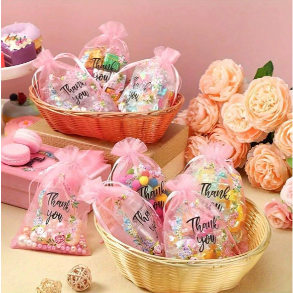 Printed Organza Drawstring Mesh Pouch Small Size Jewelry Wedding Party Gift Packaging