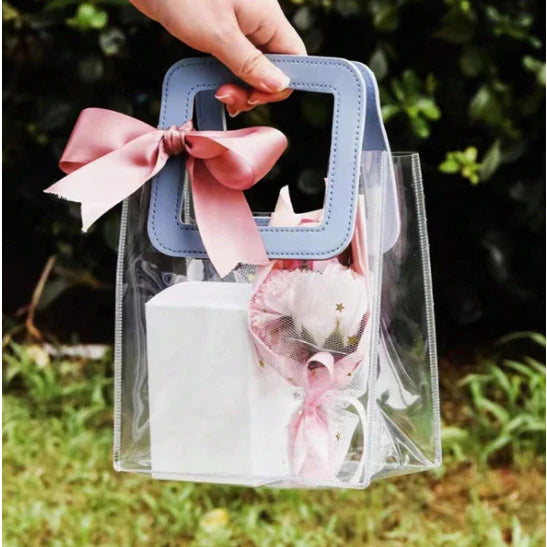 1pc Transparent Leather handle Tote Bag PVC Big handle gift packaging bag