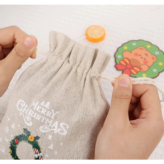 1pc Christmas Burlap Drawstring Bags Candy Snack Storage Packaging Bags