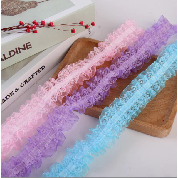 4cm/5yards double-layer ribbon pleated lace elastic hair children's headdress decoration