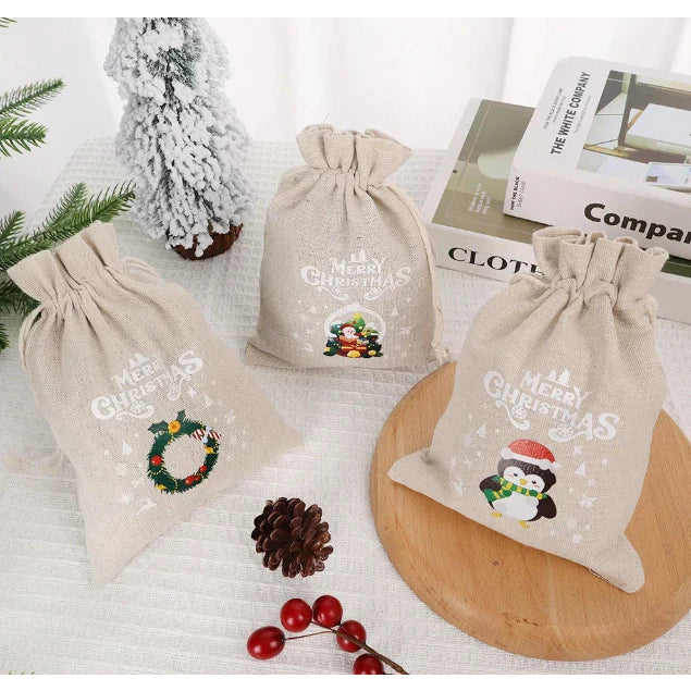 1pc Christmas Burlap Drawstring Bags Candy Snack Storage Packaging Bags