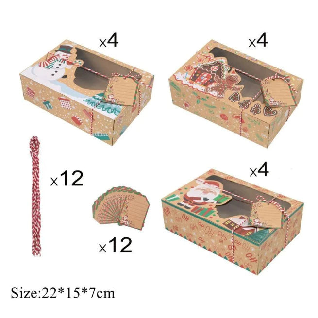 12pcs/Set Christmas Paper Gift Candy Cookie Boxes Santa Clause Snowman Clear Window