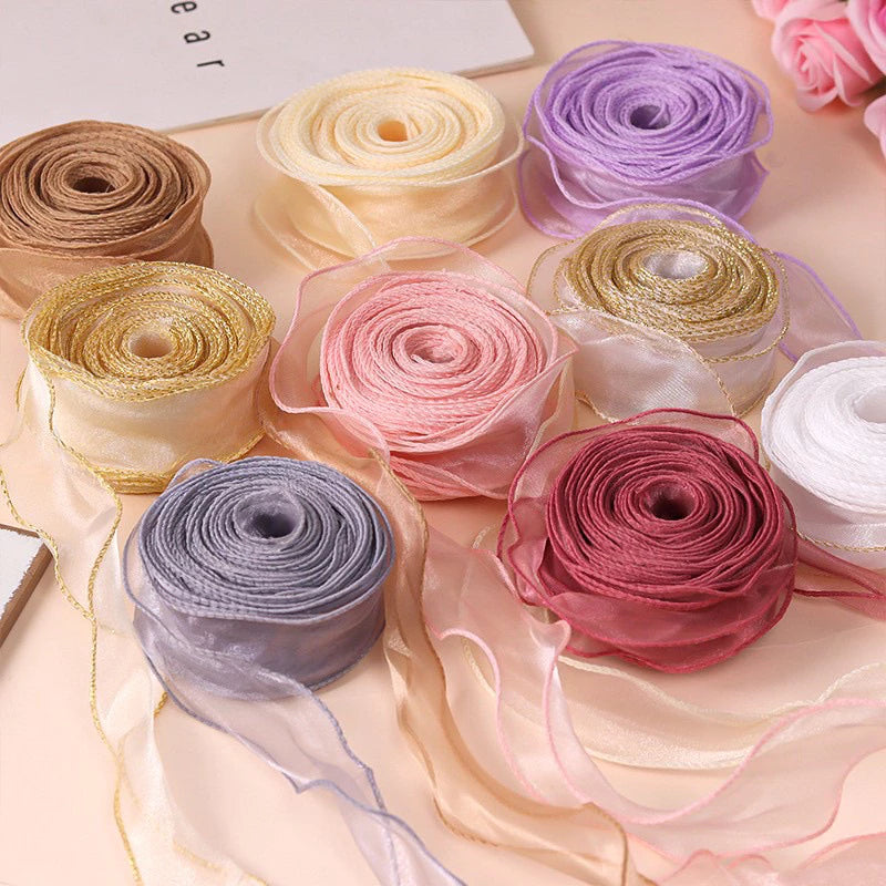 9m Wave Silk Korean Style Gold Edge Organza Ribbon Gift Wrapping Decoration Lace Ribbon