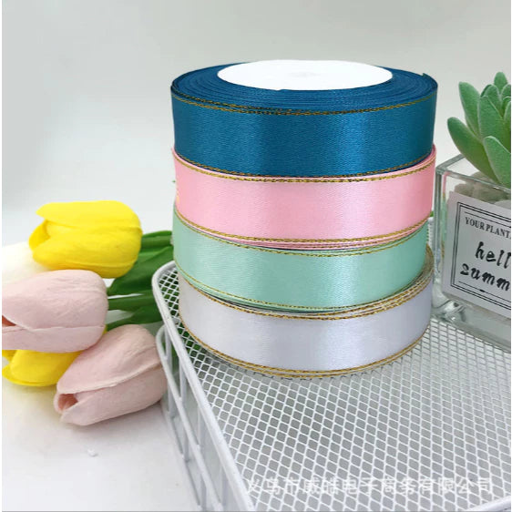 2.5cm double gold-rimmed satin ribbon flower bouquet packaging ribbon gift wrapper