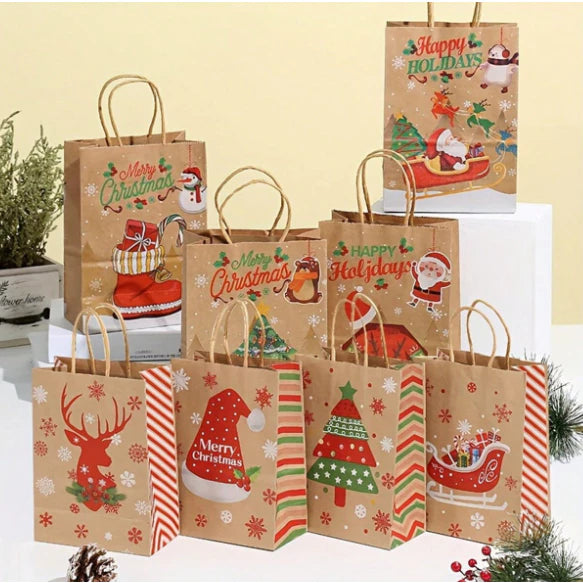 1pc Random Christmas Kraft Paper With handle Bag Decoration Gift Bags Packaging Bag