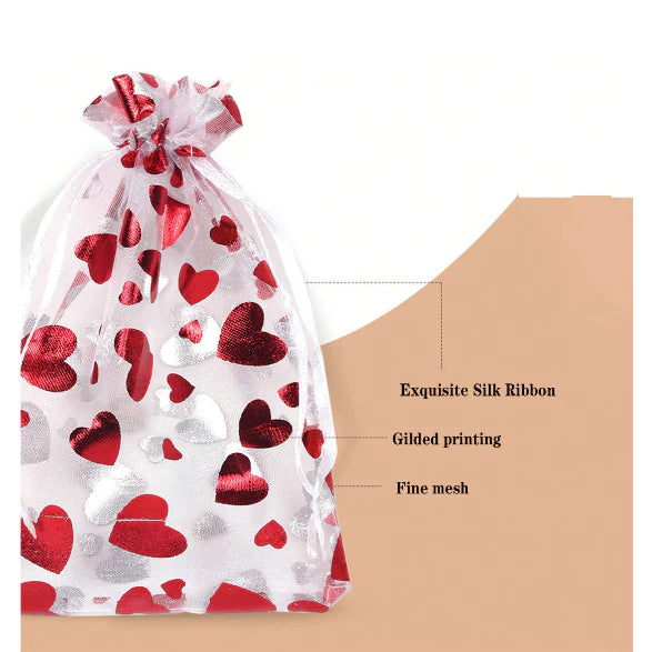 1pc Red Heart Printed Valentine Candy Bags Organza Bags Gift Jewelry Wedding Party Bag