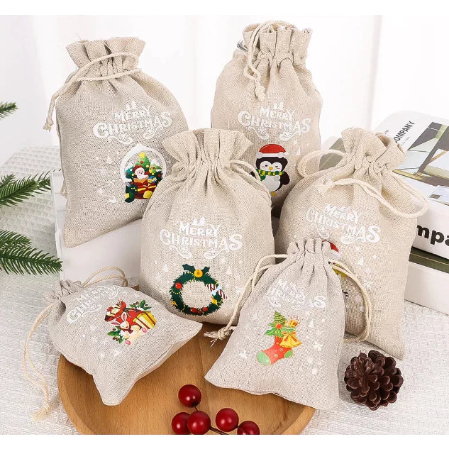 1pc Christmas Burlap Drawstring Bags Candy Snack Storage Packaging Bags