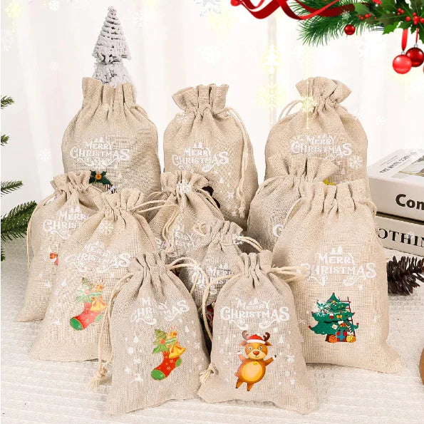 1pc Christmas Burlap Drawstring Bags Candy Snack Storage Packaging Bags