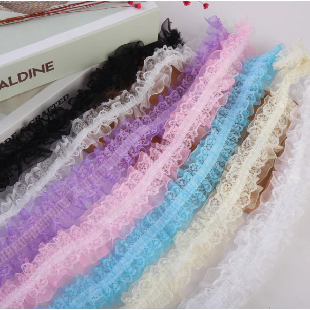 4cm/5yards double-layer ribbon pleated lace elastic hair children's headdress decoration