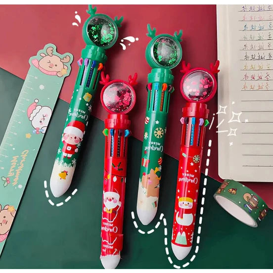 1pc Christmas Ten Color Ballpoint Pen 1 Press Student Multi-Function Pen