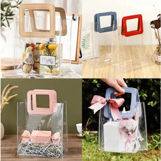 1pc Transparent Leather handle Tote Bag PVC Big handle gift packaging bag