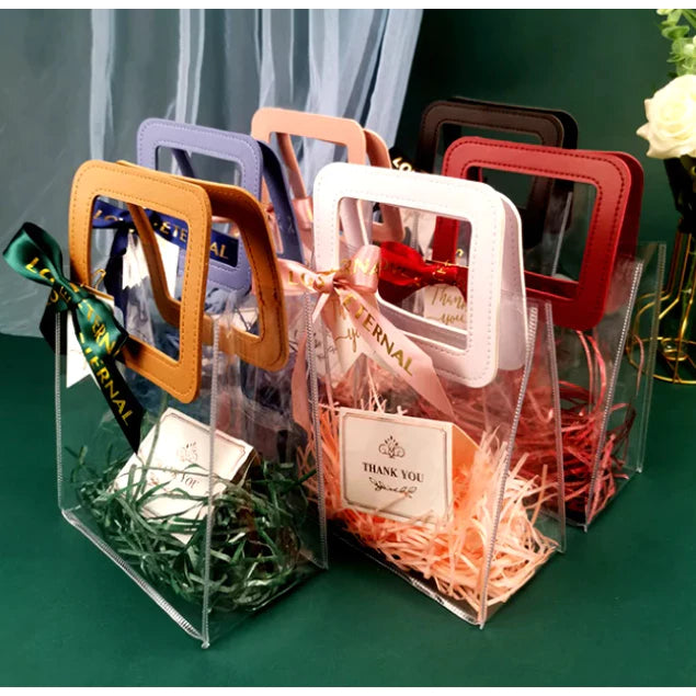 1pc Transparent Leather handle Tote Bag PVC Big handle gift packaging bag