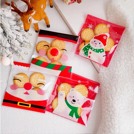 100pcs Self Adhesive Christmas Cookie Candy Package Cellophane Gift Bags