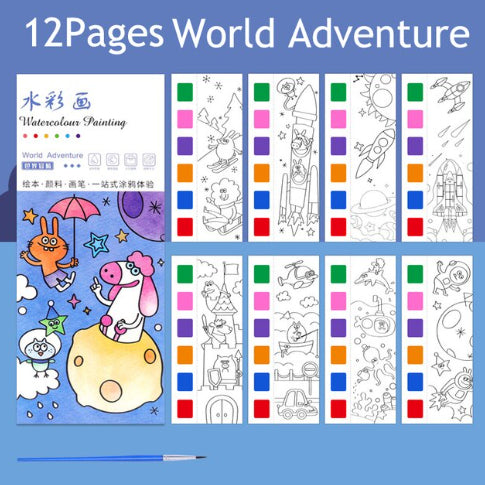 12Sheets Painting Coloring Book Set with Paintbrush Water Color Painting