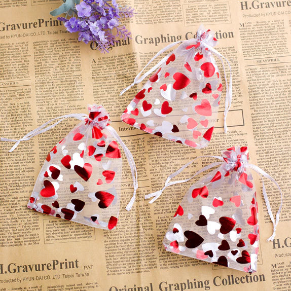 1pc Red Heart Printed Valentine Candy Bags Organza Bags Gift Jewelry Wedding Party Bag