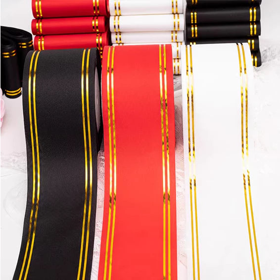 8cm/5yards wide gold-edged banner ribbon opening flower basket greeting message prompter