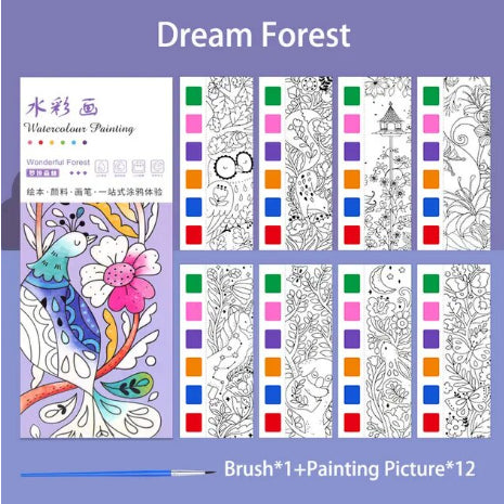 12Sheets Painting Coloring Book Set with Paintbrush Water Color Painting