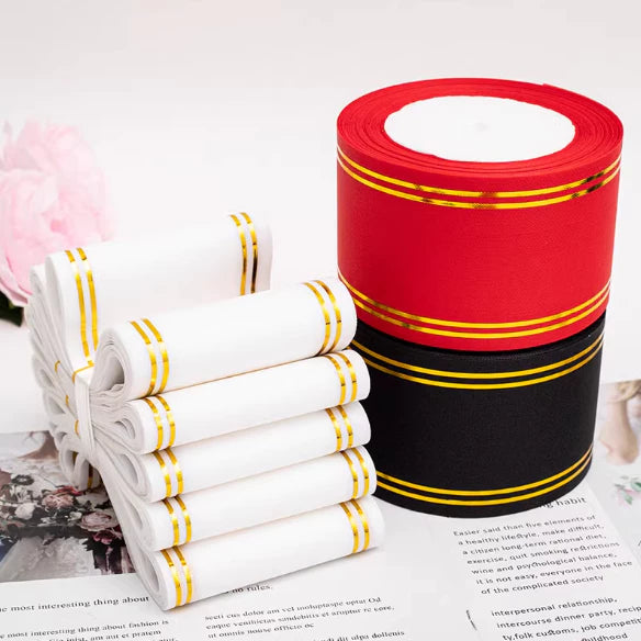 8cm/5yards wide gold-edged banner ribbon opening flower basket greeting message prompter