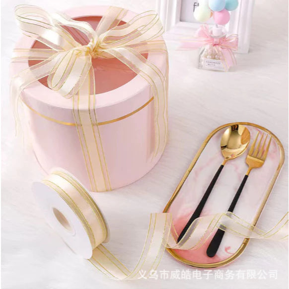 2.5cm/50yards Double gold edge packaging Gauze gift box handmade ribbon