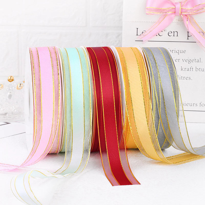 2.5cm/50yards Double gold edge packaging Gauze gift box handmade ribbon