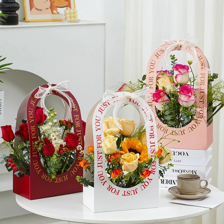 Just For You Flower Gift Box With Handles - Elegant Flower Baskets for Special Occasions
