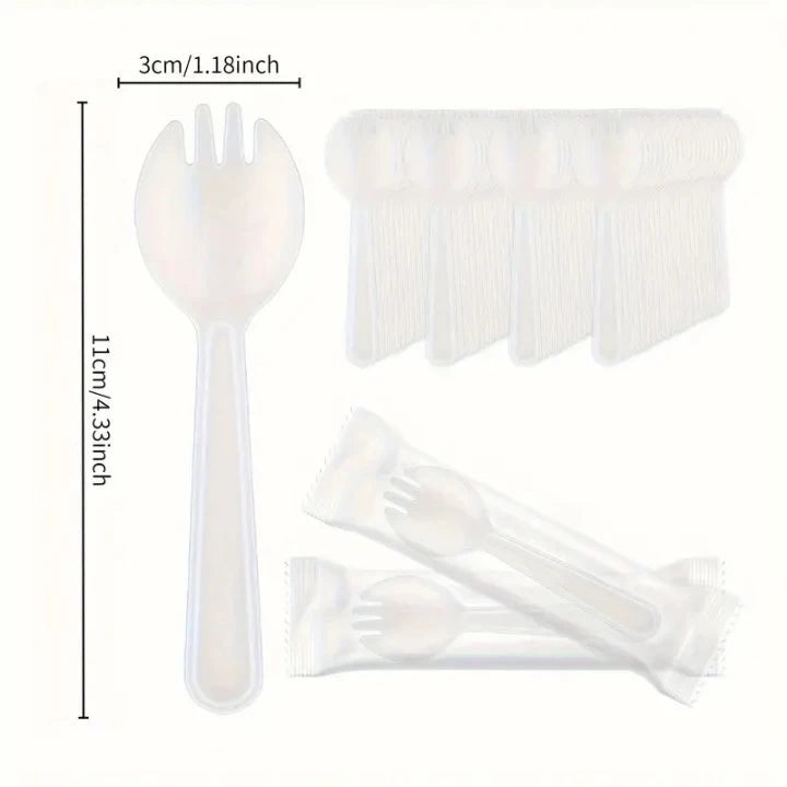 100pcs/pack 2-in-1 Fork & Spoon Durable Plastic Dessert Cutlery for Cakes, Fruits, Parties