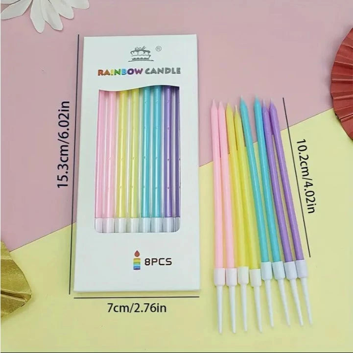 8pcs Rainbow Pencil Candles for Birthday Cakes - Colorful Long Thin Candles, Perfect for Parties