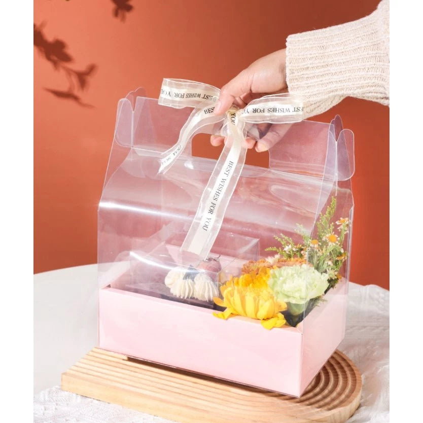 5PCS Transparent Acetate Flower Cake Box With Divider Handle Gift Packaging Set Mini Cake