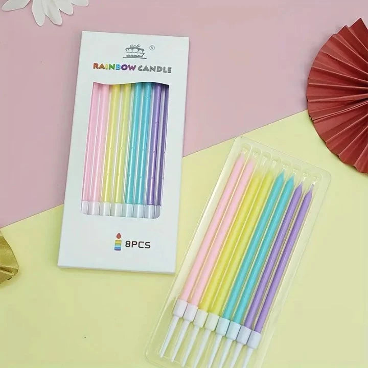 8pcs Rainbow Pencil Candles for Birthday Cakes - Colorful Long Thin Candles, Perfect for Parties