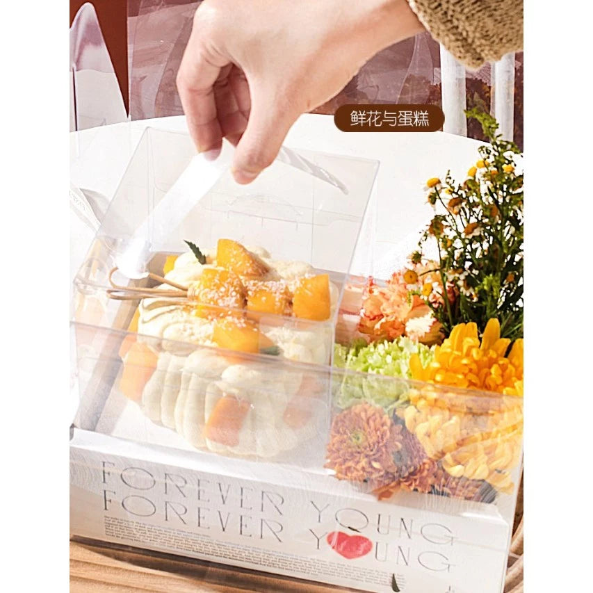 5PCS Transparent Acetate Flower Cake Box With Divider Handle Gift Packaging Set Mini Cake