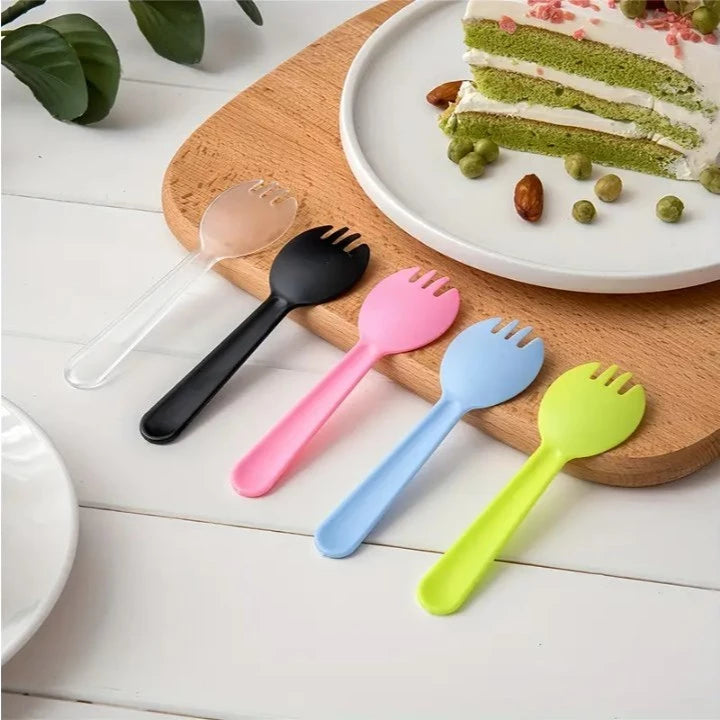 100pcs/pack 2-in-1 Fork & Spoon Durable Plastic Dessert Cutlery for Cakes, Fruits, Parties