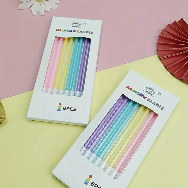 8pcs Rainbow Pencil Candles for Birthday Cakes - Colorful Long Thin Candles, Perfect for Parties