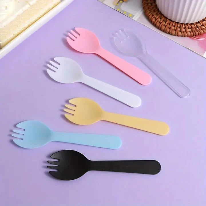 100pcs/pack 2-in-1 Fork & Spoon Durable Plastic Dessert Cutlery for Cakes, Fruits, Parties