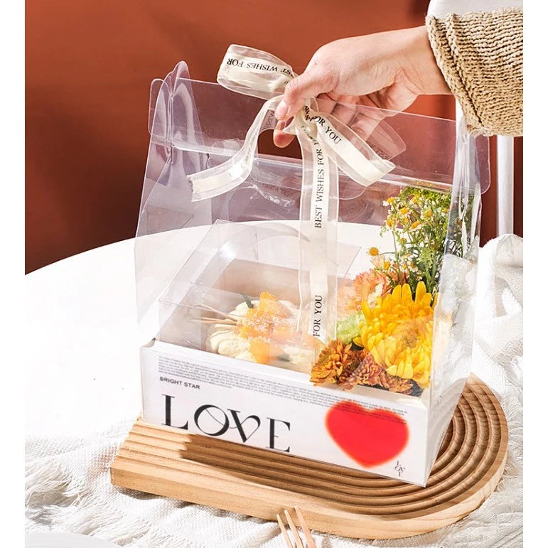 5PCS Transparent Acetate Flower Cake Box With Divider Handle Gift Packaging Set Mini Cake