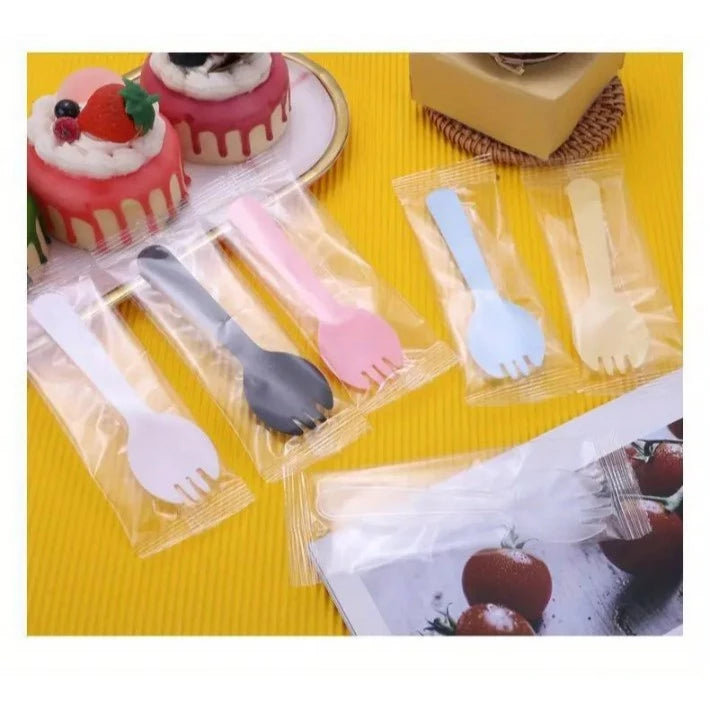 100pcs/pack 2-in-1 Fork & Spoon Durable Plastic Dessert Cutlery for Cakes, Fruits, Parties