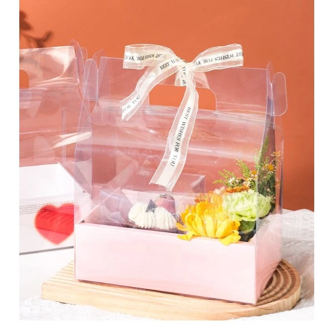 5PCS Transparent Acetate Flower Cake Box With Divider Handle Gift Packaging Set Mini Cake