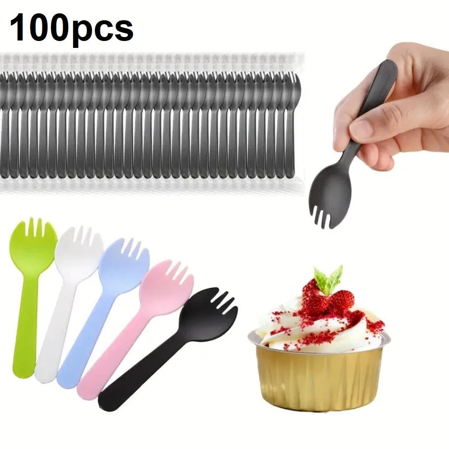 100pcs/pack 2-in-1 Fork & Spoon Durable Plastic Dessert Cutlery for Cakes, Fruits, Parties
