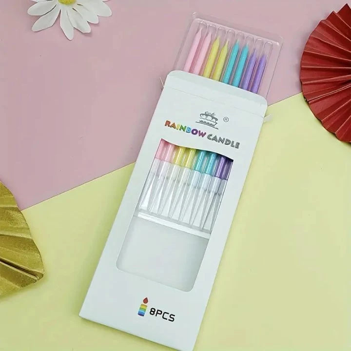 8pcs Rainbow Pencil Candles for Birthday Cakes - Colorful Long Thin Candles, Perfect for Parties