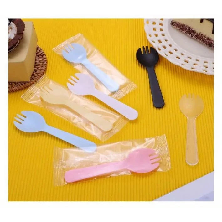 100pcs/pack 2-in-1 Fork & Spoon Durable Plastic Dessert Cutlery for Cakes, Fruits, Parties