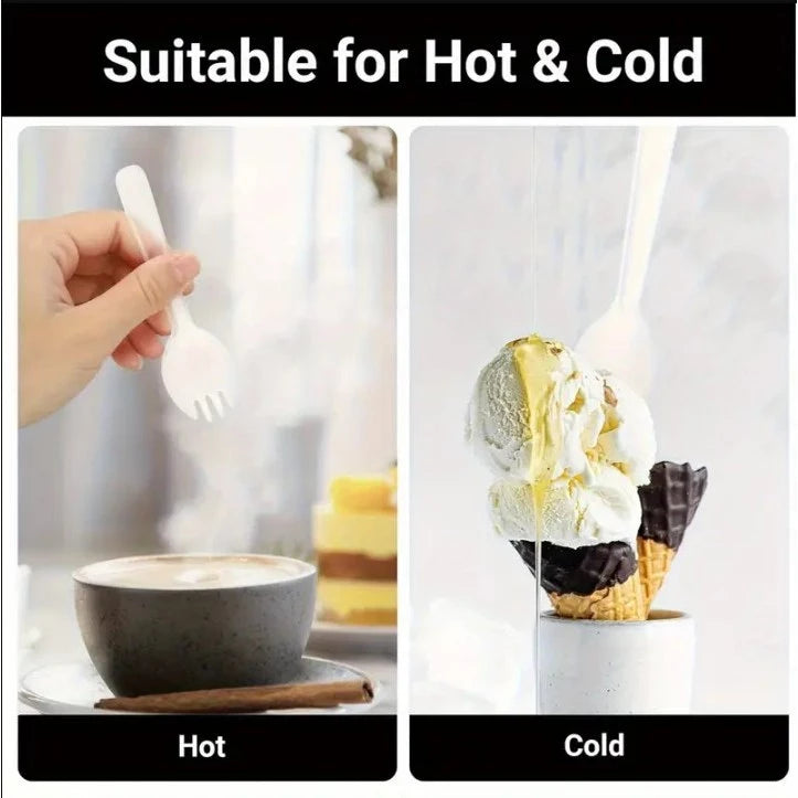100pcs/pack 2-in-1 Fork & Spoon Durable Plastic Dessert Cutlery for Cakes, Fruits, Parties