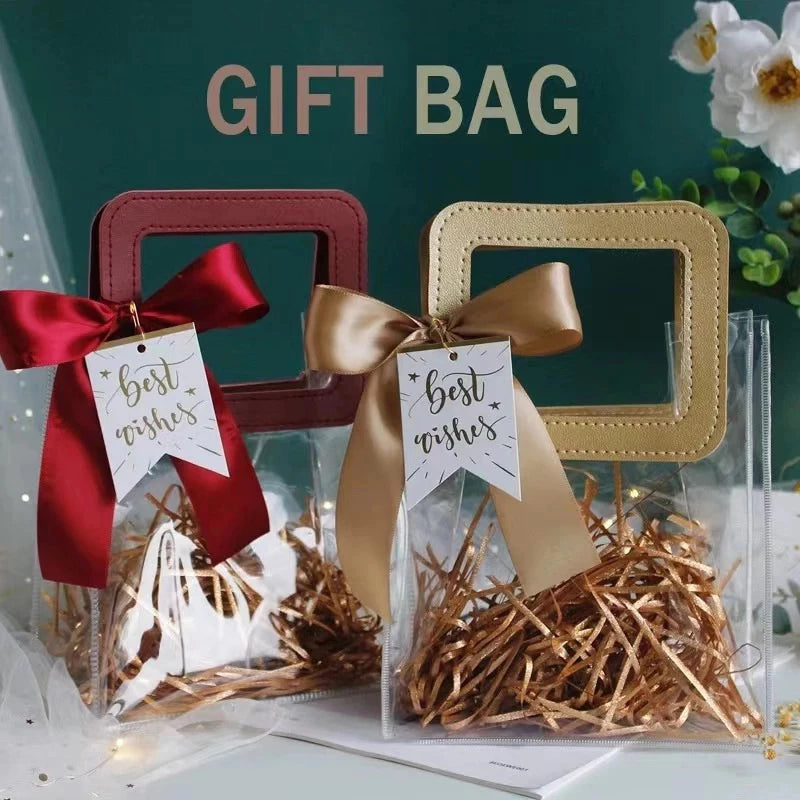 1pc Transparent Leather handle Tote Bag PVC Big handle gift packaging bag