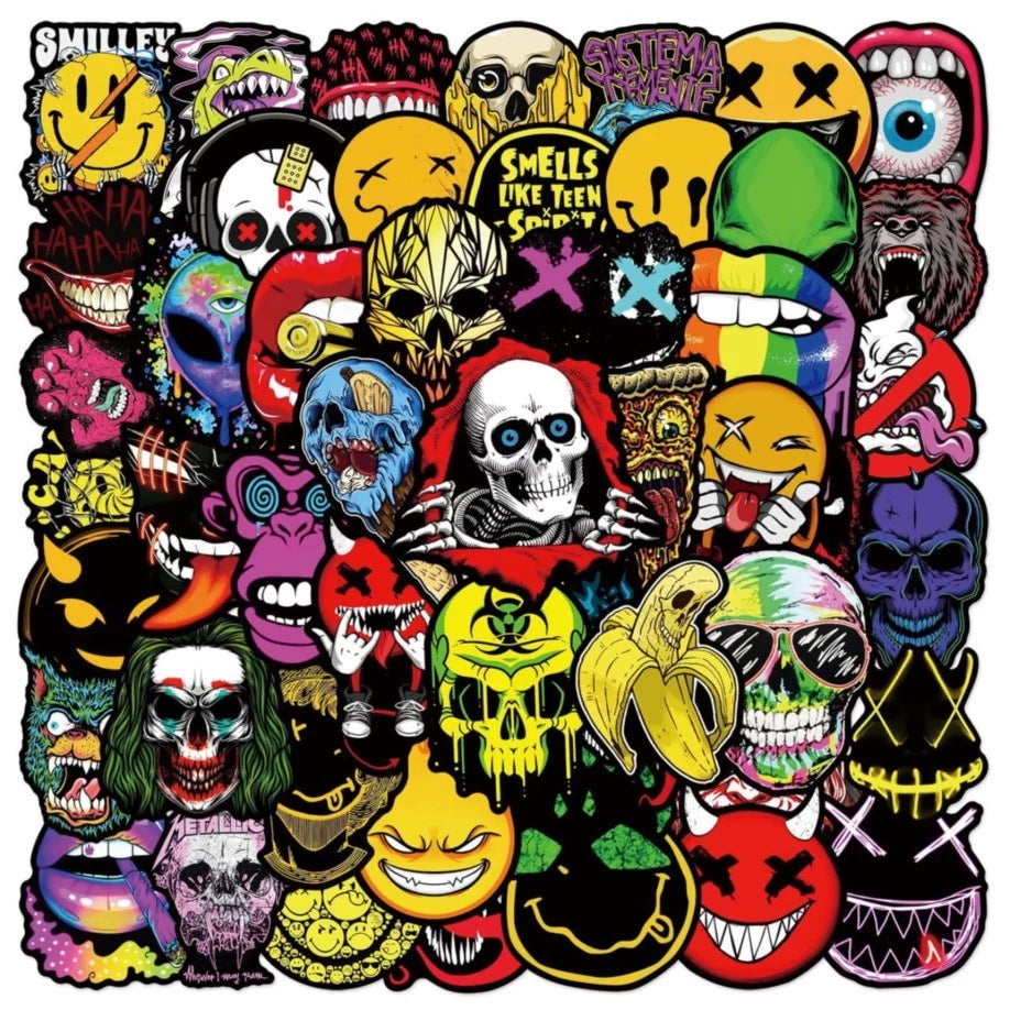 50pcs Scary Face Graffiti Stickers - Waterproof Vinyl Decals for Phones, Laptops & MORE