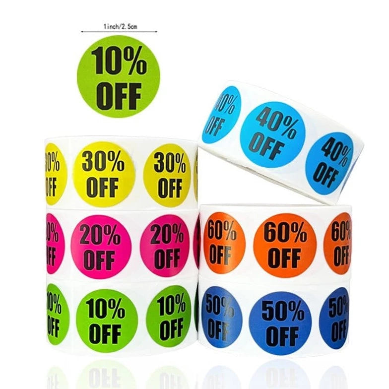 1 Roll Percent Off Round Sticker 1 Inch 10% 20% 30% 40% 50% Marking Labels 500 Count/Roll