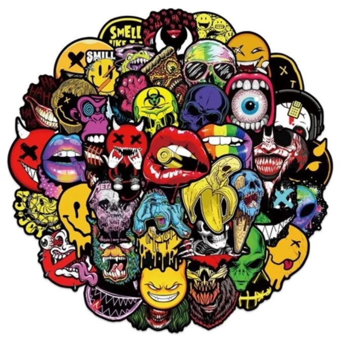 50pcs Scary Face Graffiti Stickers - Waterproof Vinyl Decals for Phones, Laptops & MORE