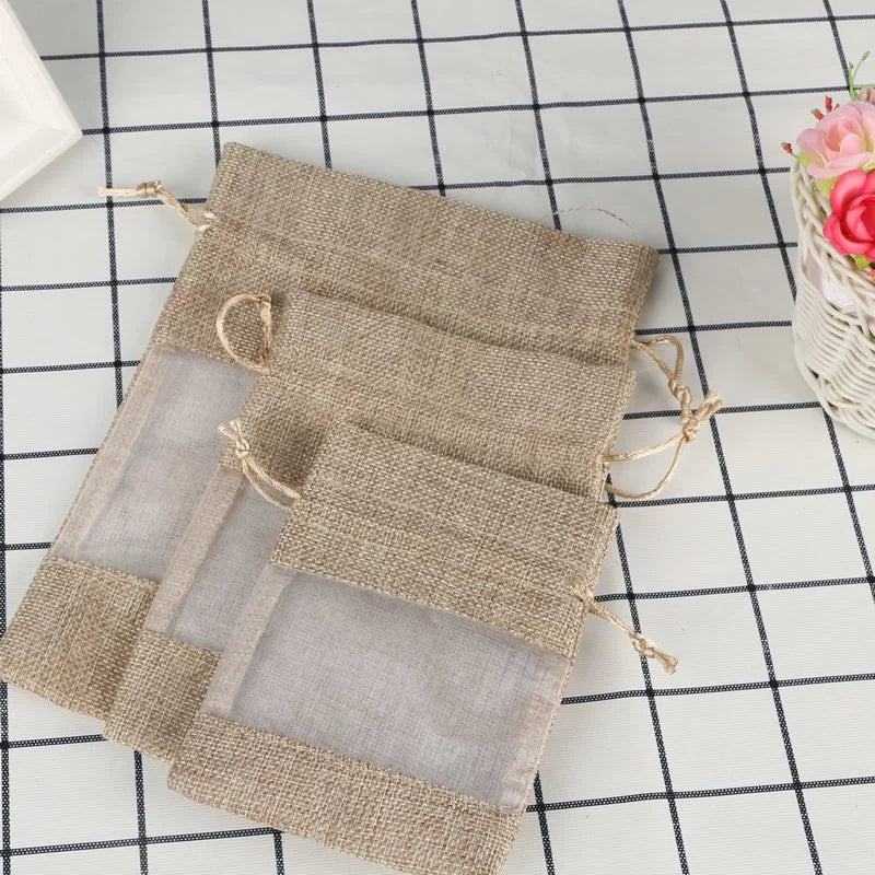 Single-sided window linen drawstring bag