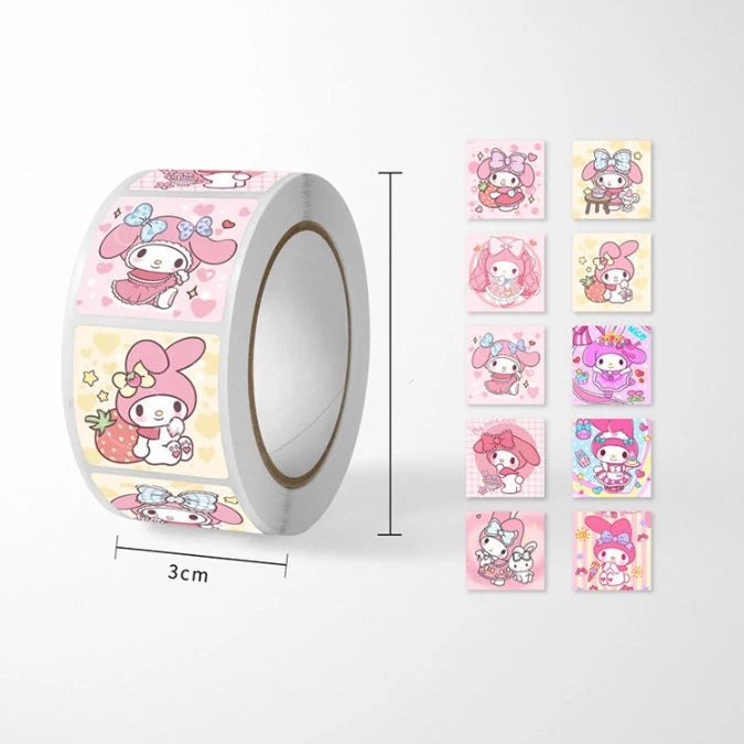500pcs/roll Sanrio Sticker Cartoon Hello Kitty Kuromi Stickers Kawaii Melody Cute Laptop Decals Book