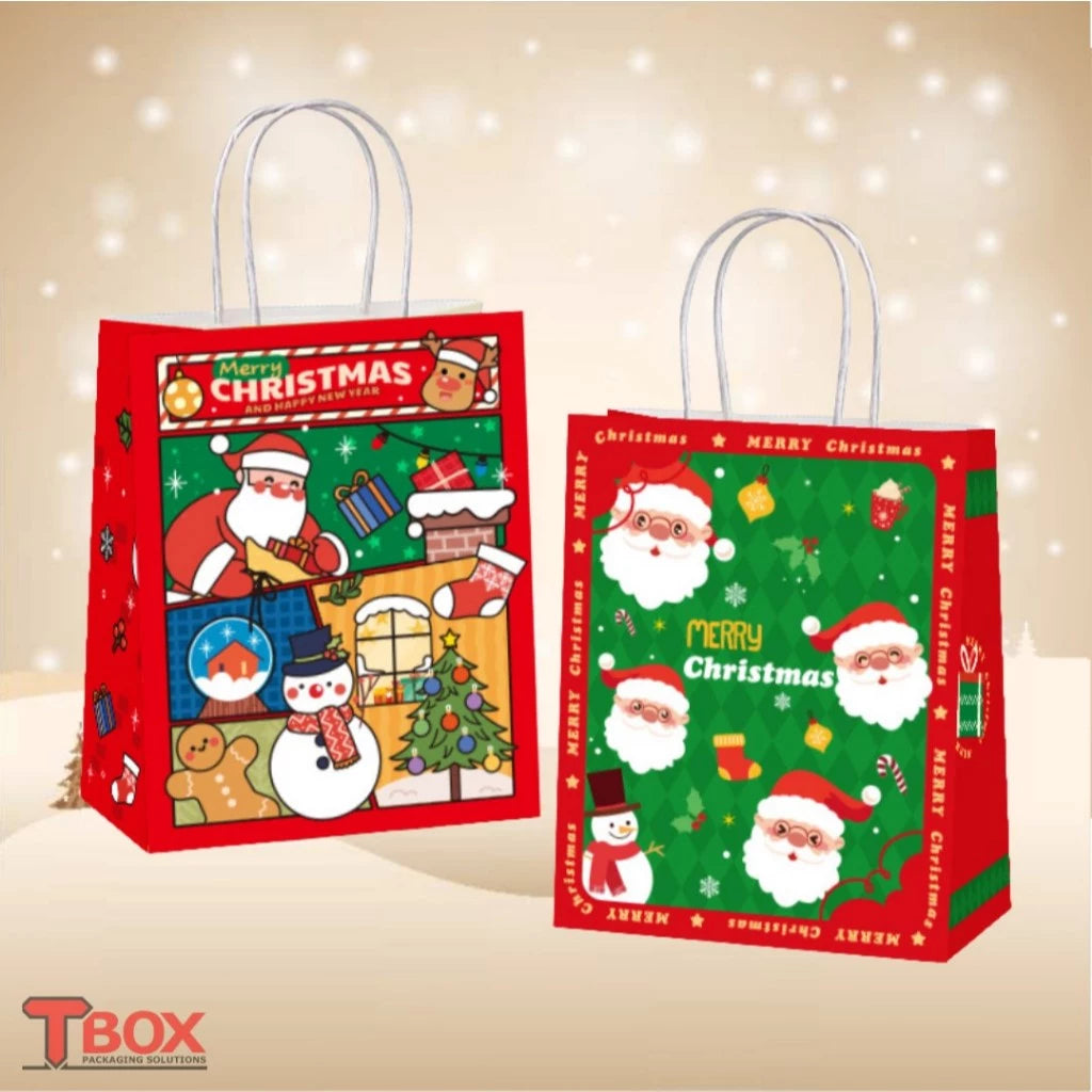 10pcs Christmas Gift Bags Red Kraft Paper Bags XMAS theme Print | Holiday Party Favor Packaging Gift